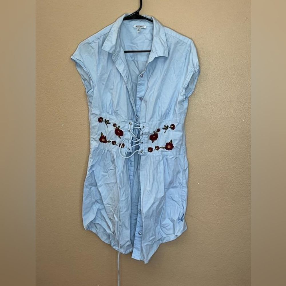 Floral Embroidered Blue Corset Denim Short sleeve Collar Shirt Dress Medium